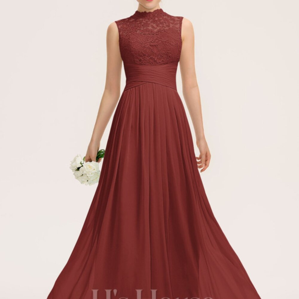 Vermillion Red JJ House Dress High Neck Floor-Length Chiffon Bridesmaid's Dress